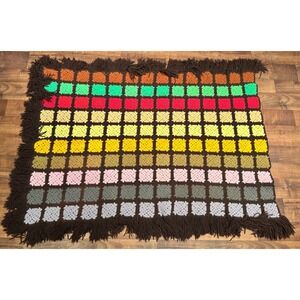 Vintage Granny Square Blanket Afghan Couch Throw Hand Made Crochet Brown 46x64"
